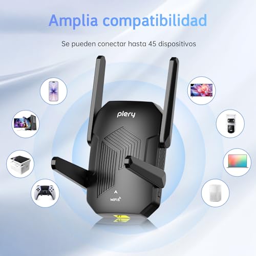 PLERY Repetidor WiFi 6 AX1500, Repetidor WiFi Largo Alcance Doble Banda 5GHz/2.4GHz, Amplificador Señal WiFi con Puerto Ethernet, MU-MIMO, WPS, Amplificador WiFi Compatible con Cualquier Router