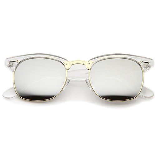 zeroUV - Premium Half Frame Horn Rimmed Sunglasses with Metal Rivets (Clear-Gold / Mirror)