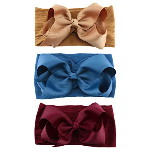 12PCS Baby Girls Grosgrain Ribbon Hair Bows Nylon Headbands 5Inch Big Bow Knotted Soft Nylon Hairbands Turban Head Wrap for Infants Toddlers Newborns Kids