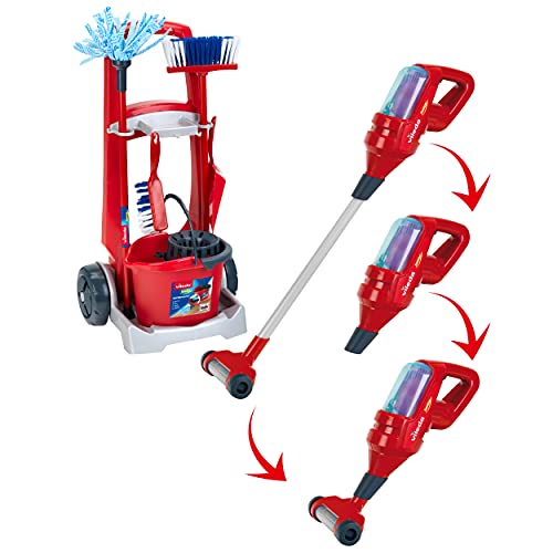 Theo Klein 6720 Vileda Besenwagen mit Upright Staubsauger I Inkl. Zubehör wie Wischmop, Eimer, Besen und Handschaufel I Maße: 29 cm x 24 cm x 60 cm I Spielzeug für Kinder ab DREI Jahren