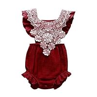 Newborn Infant Baby Girl Cotton Romper One-Piece Ruffled Lace Sleeveless Bodysuit Clothes Outfit (Burgundy, 90/12-18months)