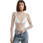 SUUKSESS Women Sexy Mesh Sheer Long Sleeve Tops Mock Neck Going Out Lace Shirts