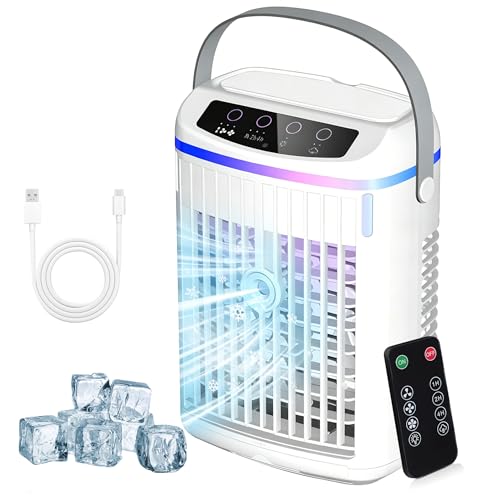 4 in 1 Mobile Air Conditioner with Remote Control, 1/2/4H Timer, 3 Speed, 3 Mist Modes, 1000ml Tank, 7 Color LEDs, Touch Screen, Personal Fan Mist for Home Office
