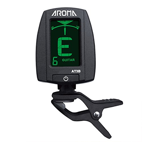 Aroma Clip Chromatic Tuner for Guitar Bass AT3B Super fast and accurate 2 colors screen Green in tune White out of tune 360 degrees rotatable Auto power off in 3 minutes of no signal input