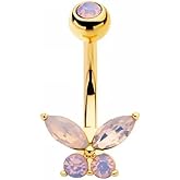 Pierced Owl 14GA 316L Stainless Steel Pink Opalite CZ Crystal Butterfly Belly Button Ring