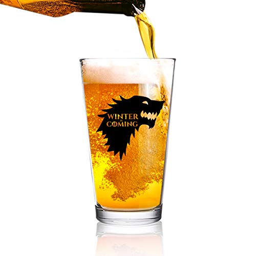 Game of Thrones Inspired Beer Glass (16 oz)- Stark Royal House of Westeros with Sigil & Motto Winter is Coming- Gift for Dad, Men, Friends, Him or GOT Fan- Made in USA- Fun GOT Watch Party Supplies