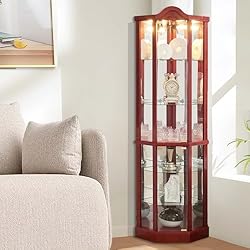 Firscook Curio Cabinet,Lighted Wooden Corner Curio