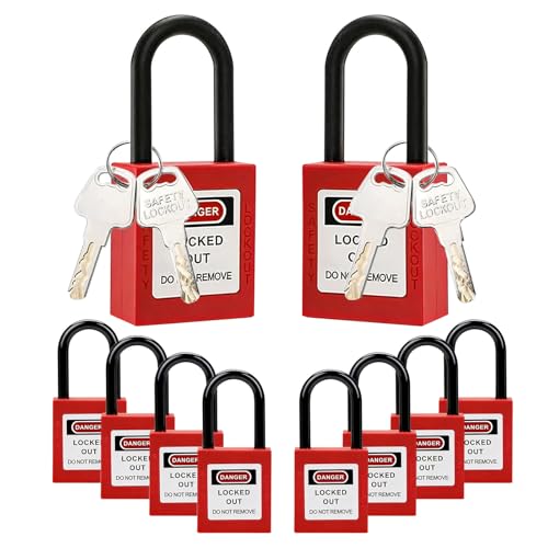 10 Pack Safety Lockout Padlocks with Keys, Lockout Padlocks with 2-Sided Labels and 10 Keys for Lock Out Tag Out Stations and Devices, Industrial, Electrical, Hydraulic and Pneumatic Applications(Red)