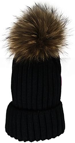 JNINTH Trendy Warm Knit Hat Real Fox Raccoon Fur Pom Pom Cuff Beanie For Women Girls (Black)