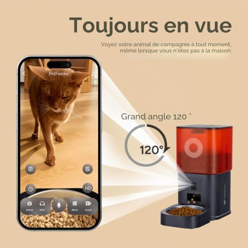Distributeur Croquettes Chat Automatique avec Caméra, 6L, pour Chat et Petit Chien, Audio Bidirectionnel, Vision Nocturne, Contrôle via App WiFi 2.4G, Bol en Acier Inoxydable (Noir)