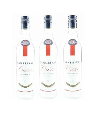3x Ouzo Sans Rival je 700 ml im Set griechischer Traditions Trester mit Anis zweifach destilliert 3 Flaschen + 1 Testsachet O