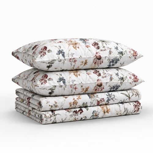 Tribeca Living Twin XL Bed Sheet Set, 300 Thread Count Soft Cotton Sateen, Floral Print with Extra Deep Pockets, 3-Piece Bedding Set, Amalfi Deep Red/Multicolor