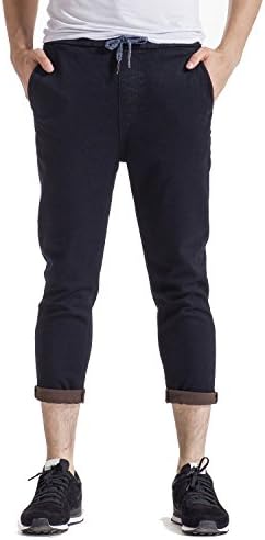 Indigo alpha Men's Elastic Jogger Relaxed Fit Cuff Jean Drawstring Waist for Summer,Black,2XL