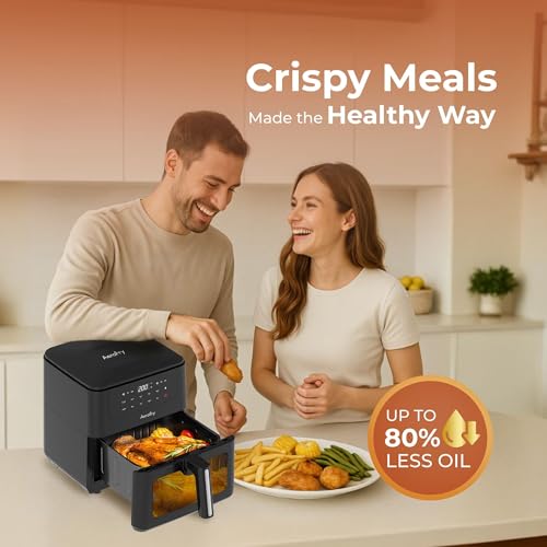 AEROFRY Digital Air Fryer 6L Panoramic glass, Oil Free Healthy Cooker with multiple Presets, Non-Stick Basket with 360° High speed air technology- Black | قلاية هوائية رقمية بدون زيت