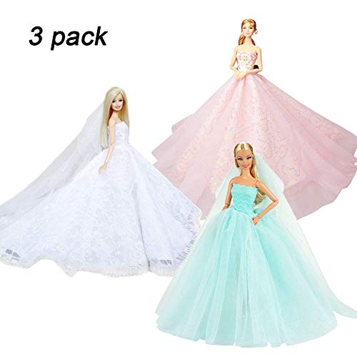 Abree 3 Stück Kleider Set Abendkleid Ballkleid Prinzessin Kleidung Dress Bekleidung mit Brautschleier für Puppen Weihnachten Party Geschenke (A)