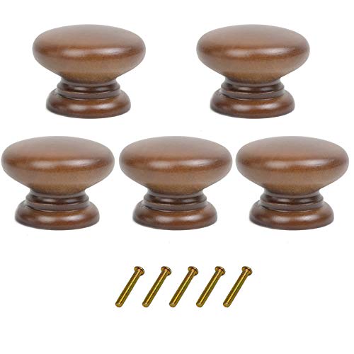 Metany 5PCS Round Wood Drawer Knob,Dresser Furniture Drawers 33mm Dia,Walnut Cabinet Pulls Handles with Screws Hardware for Drawer Wardrobe Dresser