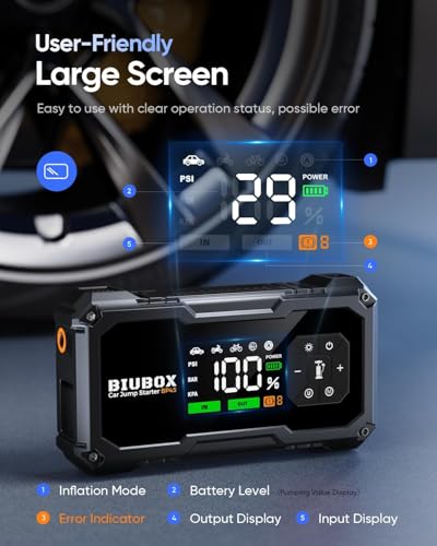 Car Jump Starter with Air Compressor, BiuBox 8500A 150PSI Car Battery Jump Starter for All Gas /9L Diesel, 12V Car Battery Charger Jump Starter with Insulated Gloves, LED Display, 500lm Light