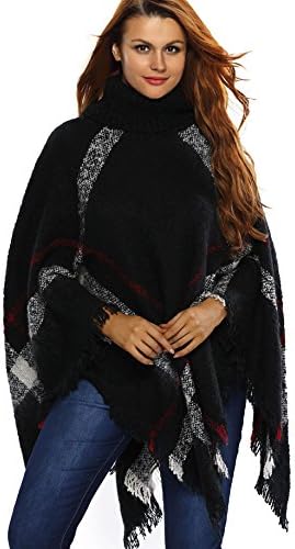 Charmley Women Bohemia Long Cape Striped Pattern Knitted Shawl Poncho Turtleneck Sweater Tassel