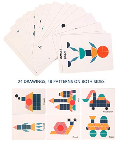 180 Pcs Wooden Pattern Blocks Puzzle, SWBONBON Geometric Shape Educational Montessori Tangram, Learning Toys Preschool Animal Jigsaw Puzzle for 3-8 Ages