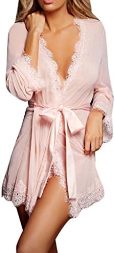 Vcenty Women Lingerie Lace Kimono Robe Mesh Babydoll Set Sexy Coat Nightwear +G-String (M, Pink)