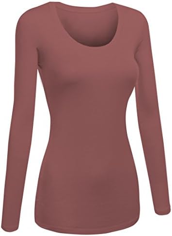 Emmalise Women's Plain Basic Scoop Neck Long Sleeve TShirt Tee - Mauve, L