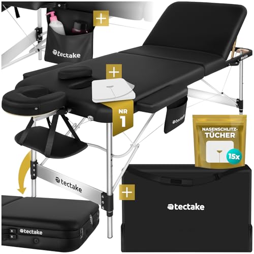 tectake® Massageliege 3 Zonen, Massagetisch, Massageliege klappbar, höhenverstellbare Aluminium Massageliege, Massagebett tragbar inkl. Zubehör, Kopfstütze, Arm