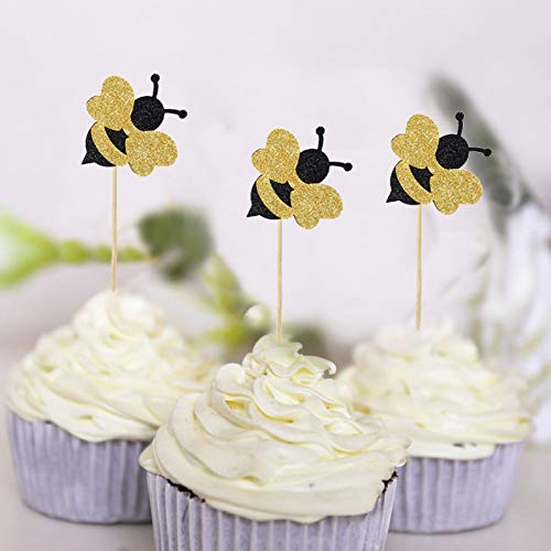 iMagitek 36 Pack Glitter Bumble Bee Cupcake Toppers for Gender Reveal Baby Shower Party Decorations Birthday Party Supplies - Thumbnail 5