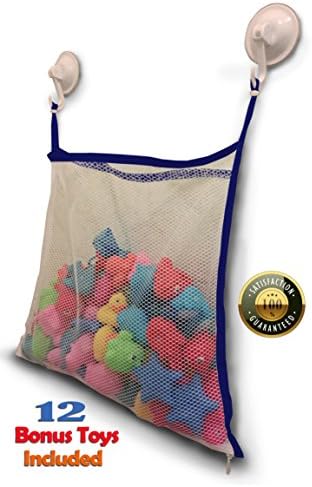 Bath Toy Organizer + 12 BPA-Free Bonus Baby Toys - Extra Large Mesh Net Storage Bag - Innovative Bottom Zipper and Hook Reinforcement (Blue)