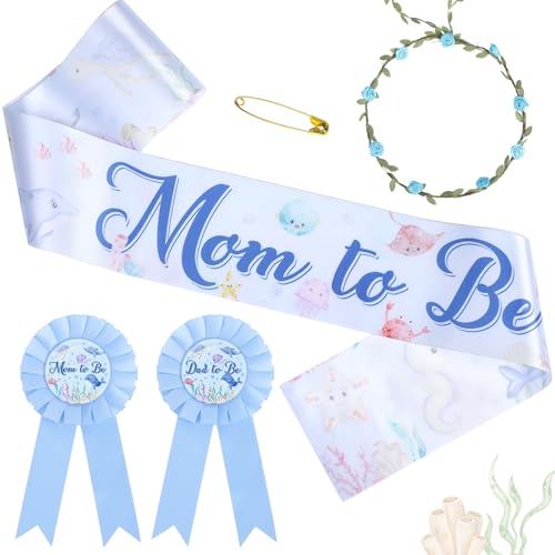 VorkiVecKi Ocean Baby Shower Decorations - 4 Pcs Under The Sea Animals Mom and Dad to Be Sash Badge Pins Flower Crown Decor Blue Gender Reveal Party Maternity Corsage Belt Supplies Boys Girls Keepsake