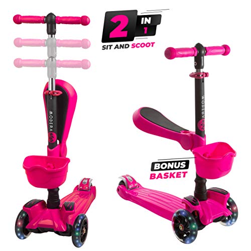Modera Kids Kick Scooter w/ 3 Wheel Deck, Handle Bar Grips, Sit-or-Stand Removable Folding Seat, Foot Rest, Built-in Brake & Bonus Basket for 2-8 Year Old Toddler Boys & Girls Max 110 Lbs. - Thumbnail 7