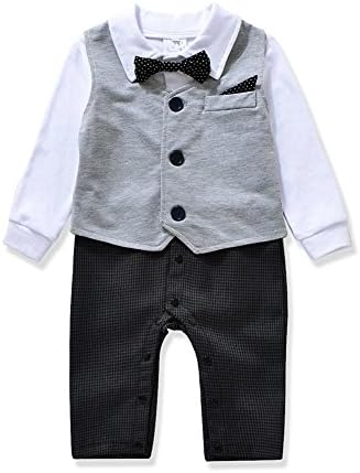 Cute Gentleman style Baby Boy's Romper &amp; Vest &amp; Bowtie 3 Pieces Clothes Suit 2 Color (100(18-24months), Gray)