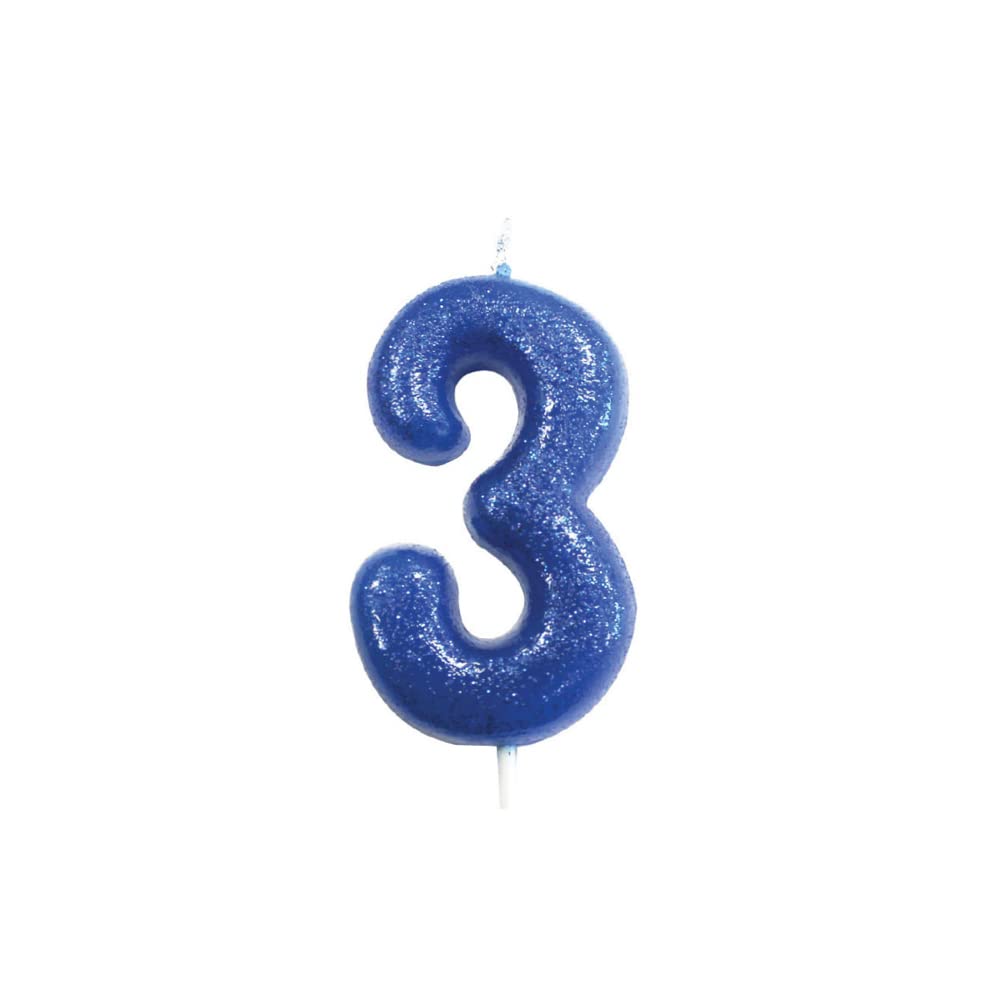 Anniversary House Colourful Blue Glitter Number 3 Cake Candle for Birthday and Anniversary Decorations - Elegant Birthday Candle for Cake - Stylish Silver Number Candle Topper 7 cm