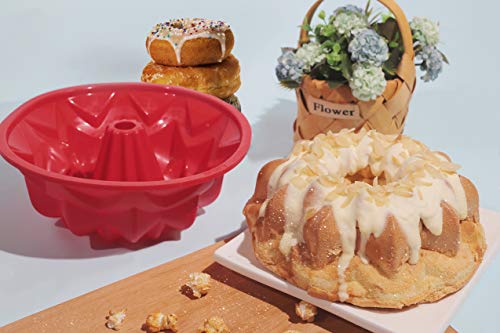 Aokinle Silicone Cake Pan, European Grade Fluted Round Cake Molds, Non-Stick Jello Molds for Baking, Flexible Tube Pan, Ring Mold Cake pan 10inches, Red