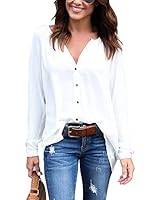 Women's Chiffon Cuffed Long Sleeve Button Down Shirts Casual V Neck Blouses Tops White Tag 4XL