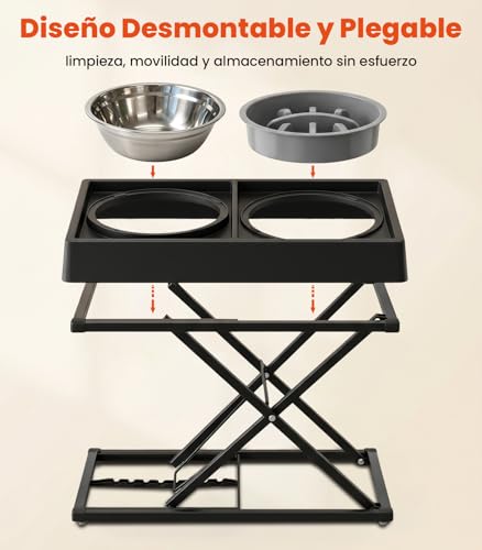 Comedero para Perro Grande de Hierro Macizo Ajustable 9 Alturas(8-44cm), Plato para Perro Plegable y Desmontable, Comedero Elevado para Perro con Platos de Acero y Plato Lento,Plato Elevado para Perro
