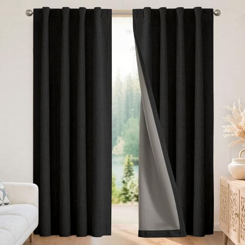 Joydeco 100% Blackout Curtains 96 inches Long White Linen Curtains 2 Panels Set Burg for Bedroom Living Room Black Out Darkening Thermal Insulated Back tab Rod Pocket(52x 96 inch,Black)