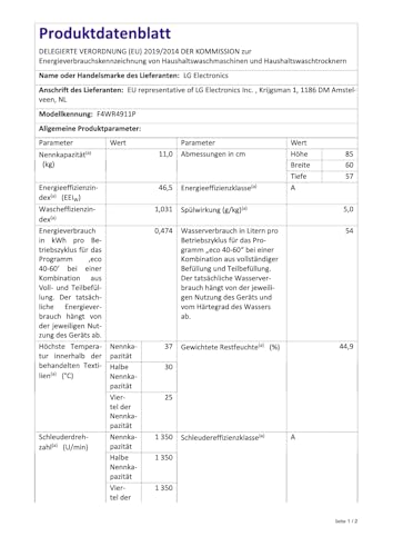 LG F4WR4911P Waschmaschine, Frontlader, 11 kg, 1350 U/Min, AI DD, Steam, 6 Motion, Inverter Direct Drive, leise und effizient, Weiß [Energieklasse A] 7