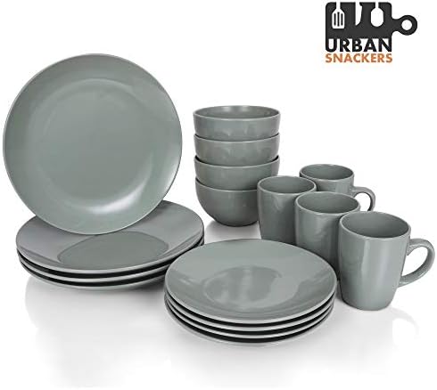Urban Snackers, 16-Piece Kitchen Dinnerware Set in Green Color, Includes 4 Dinner Plates, 4 Plates, 4 Bowls and 4 Mugs