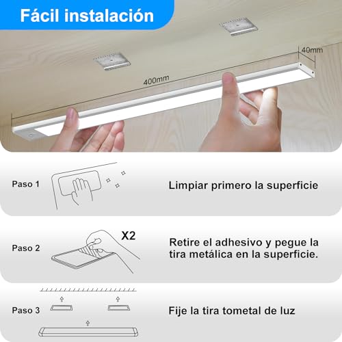 Sunsign Led Luz con Sensor de Movimiento Paquete de 2, 80 LED inalámbricas recargables Lámpara Armario, 2000 mAh, 3 Temperaturas de Color Lampara Recamara,para cocina, clóset, pasillo (40cm)