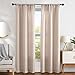 jinchan Beige Linen Textured Curtains for Living Room Jacquard Contemporary Lattice Light Filtering Rod Pocket Window Treatment Set for Bedroom Drapes 84 inches Long 2 Panels