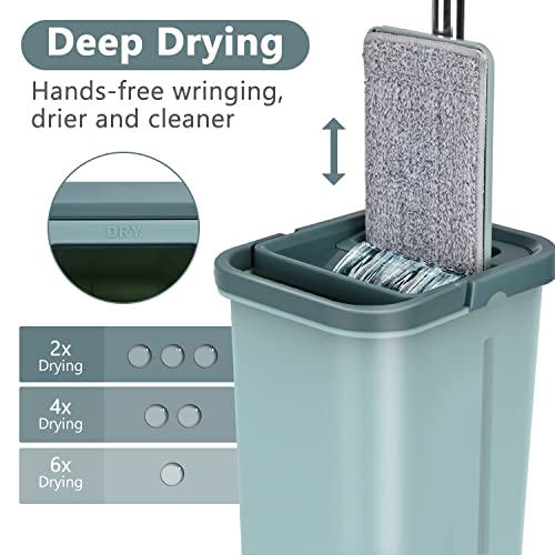 Floor Mop and Bucket Set, Aifacay Flat Mop Bucket System Flexible Mop Head 8 Reusable Microfiber Pads Home Hardwood Floor Mop Bucket with Wringer Extended Stainless Steel Handle Mop for Wood, Vinyl