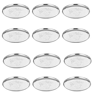 Sorabh 24LCP 12 Stainless Steel China Round Plate/Thali 24 g (Laser, Set of 12)