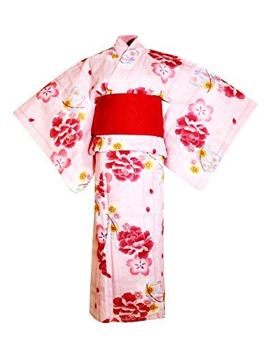 myKimono Women's Traditional Japanese Kimono Robe Yukata with Pre-tied Obi Belt & Koshi-himo thin belt (pink & red)