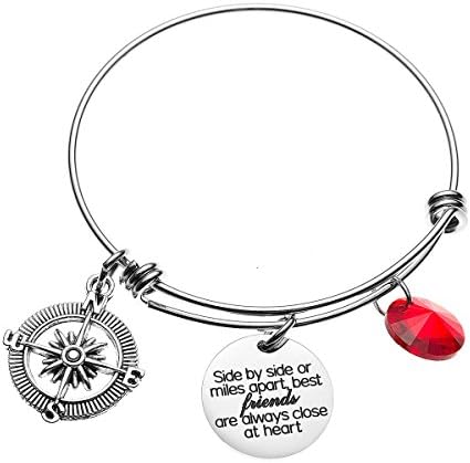 COMISAN Staniless Steel Adjustable Bangle Inspirational Charm Bracelet Best Friends Present Compass 2017 Gift Jewelry (Side by side or miles apart,best friends are always close at heart)