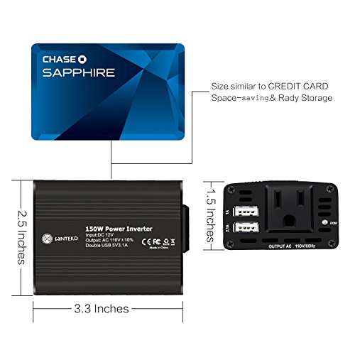 WINTEKD 150W Car Power Inverter DC 12V to 110V AC Converter with 3.1A Dual USB Charger Adapter (Black)