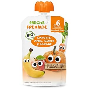 FRECHE FREUNDE Bio Beikost-Quetschie Karotte, Apfel, Kürbis & Banane, Babynahrung ab dem 6. Monat mit Gemüse, glutenfrei…