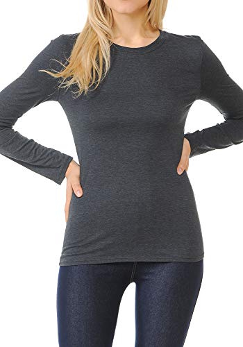 ClothingAve. Women's Crew Neck Cotton Blend Essential Long Sleeve T-Shirt Top,Charcoal,Large