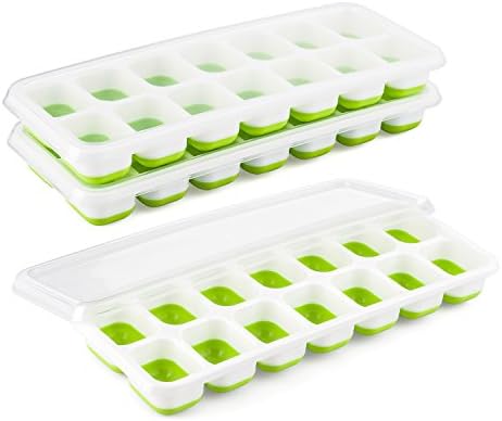 Evob Ice Cube Trays with Removable Cover, Easy Release (3 Pack), Make 42 Large Ice Cubes, Food Grade Silicone Plastic Ice Tray (White+Green)