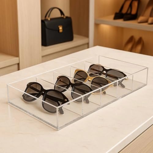 Akria Design Organizador Porta Óculos e Joias em Acrílico Cristal, Bandeja com 6 Compartimentos, 36cmx18 cm x 3 mm