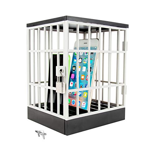 Easy Assemble Mobile Phone Jail Cell Phones Prison Lock Up Safe Smartphone Stand Holders Classroom Home Table Office Storage Gadget -Family Time, Party Fun Novelty Gift Idea (White)
